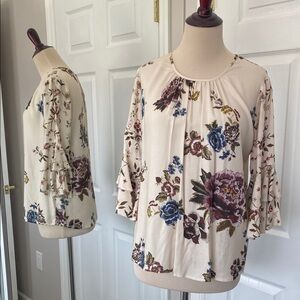 Karen Kane Floral Cream Women's Top Ruffled Elbow Sleeve S